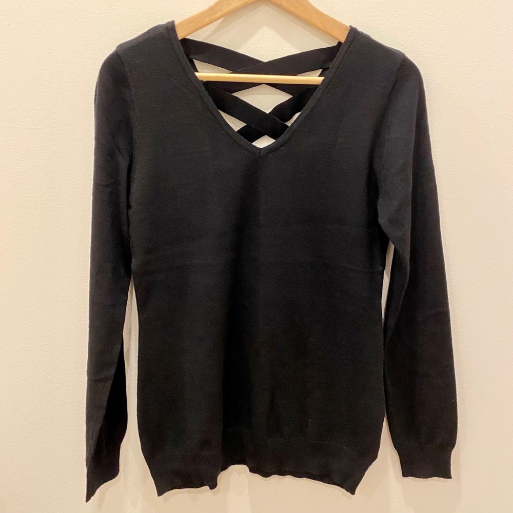 Black v-neck, strappy back sweater
